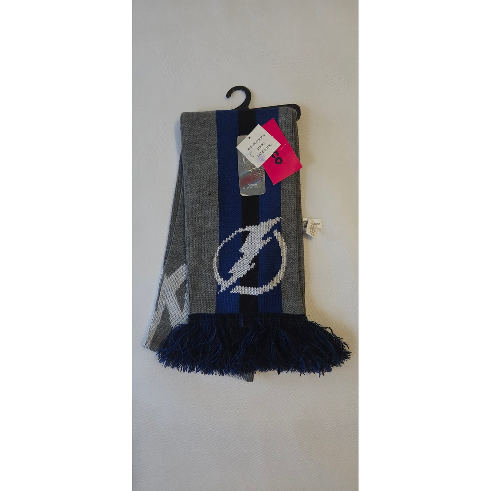 FOCO Scarf Unisex OS Grey Excellent Tampa Bay Lightning NHL Big Logo Knit Fringe